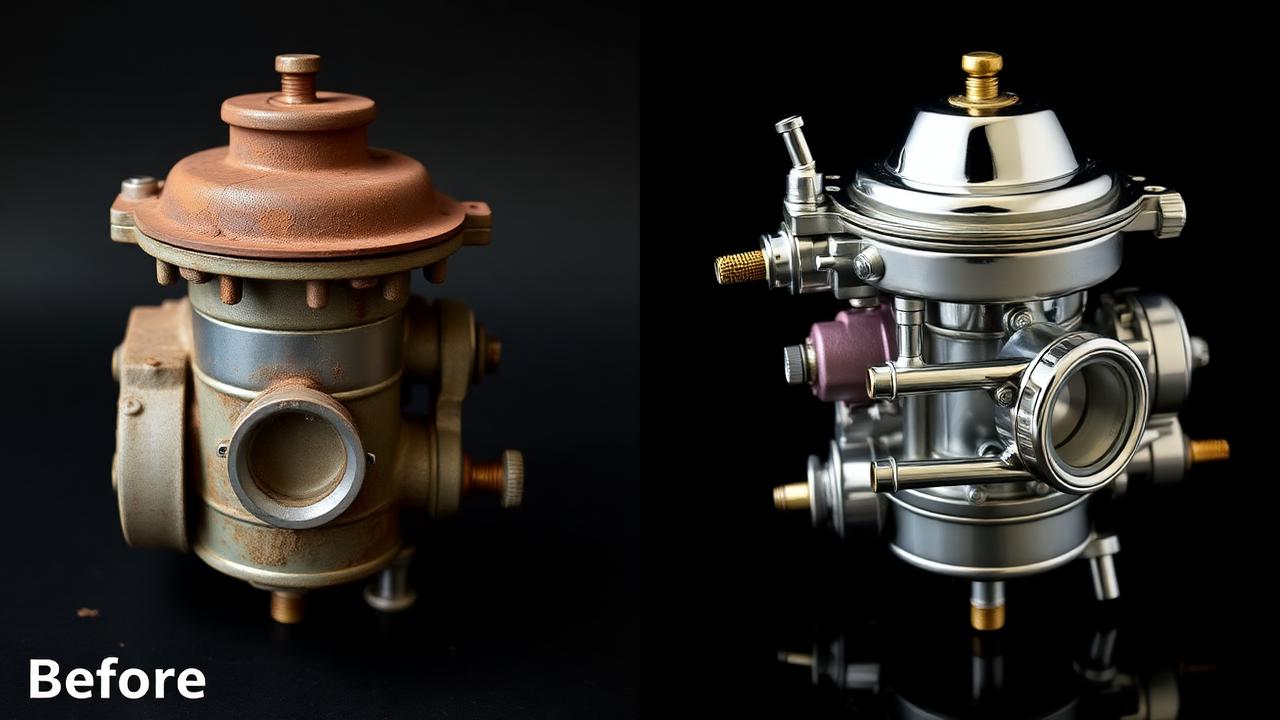 Before and after carburetor restoration showing corroded and rebuilt carb