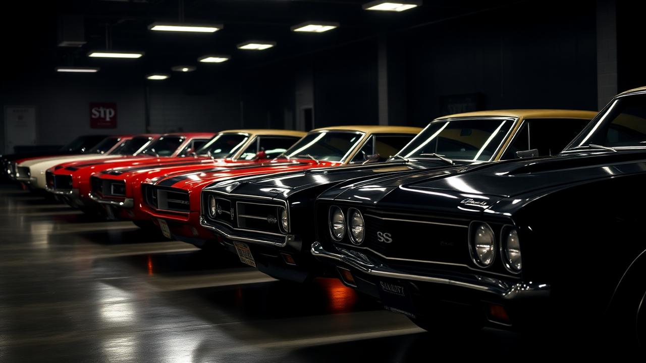 Row of classic muscle cars in showroom environment