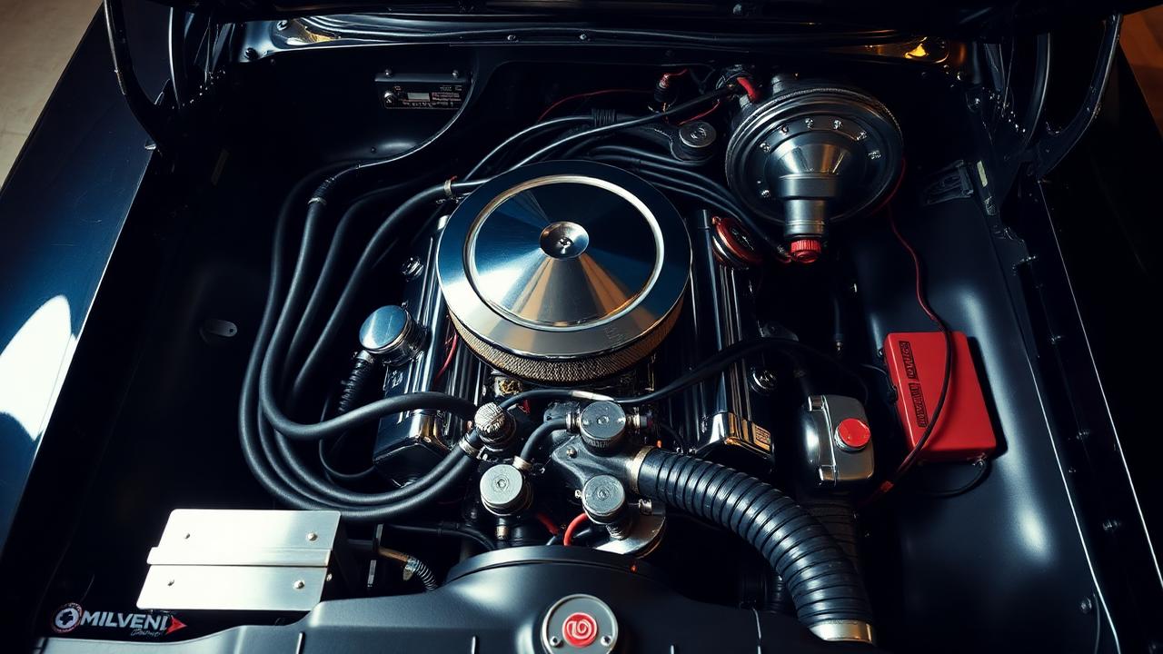 Classic V8 engine bay with chrome air cleaner and polished carburetor