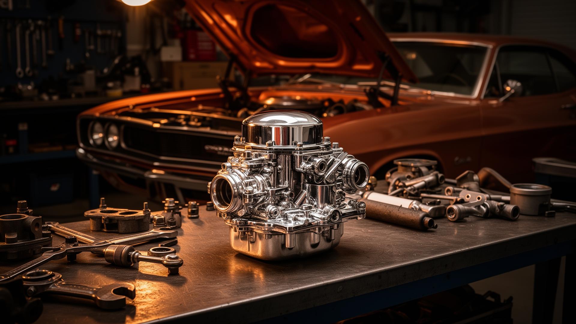 Classic carburetor on workbench in restoration workshop