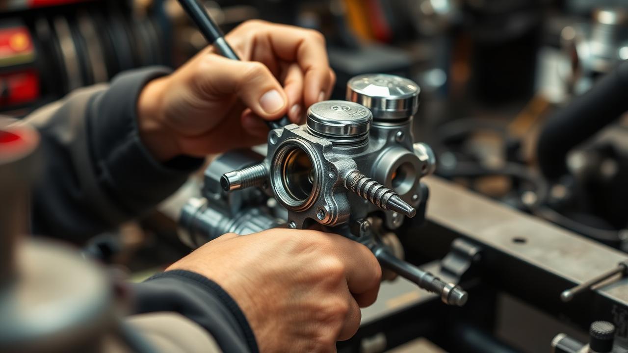 Mechanic hands performing precision carburetor rebuild work