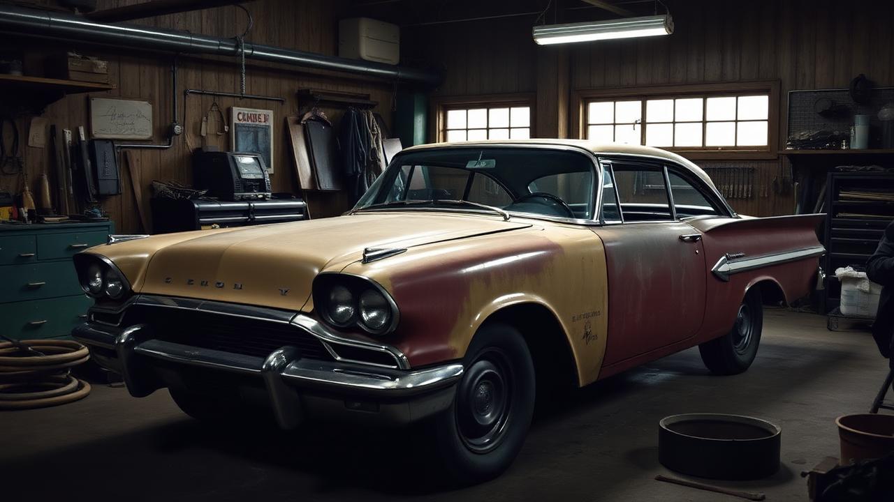Classic project car in garage during restoration process